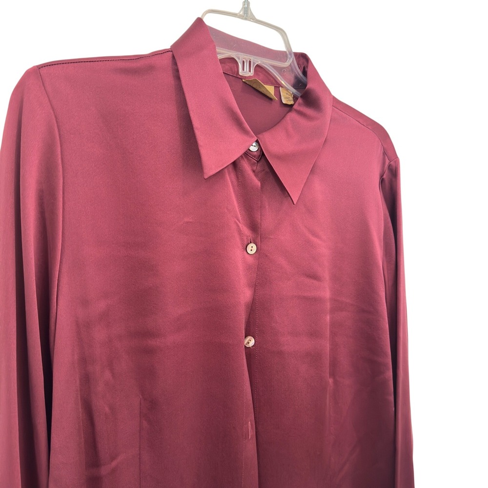 Caslon 100% Silk Blouse Burgundy Wine Satin Button Up Long Sleeve Old Money XL